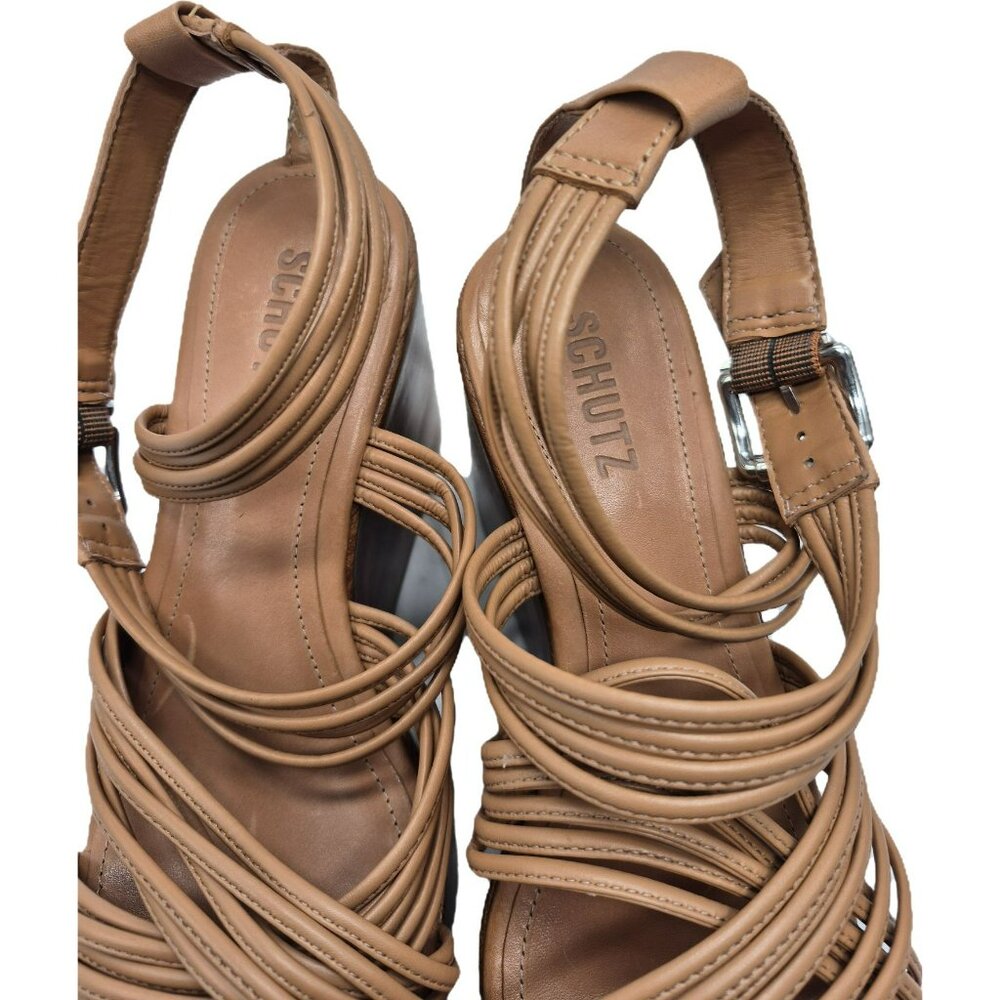 Schutz Marcella Wedge Tan Leather Strappy Platform Sandals Women's 8.5M - Picture 11 of 16